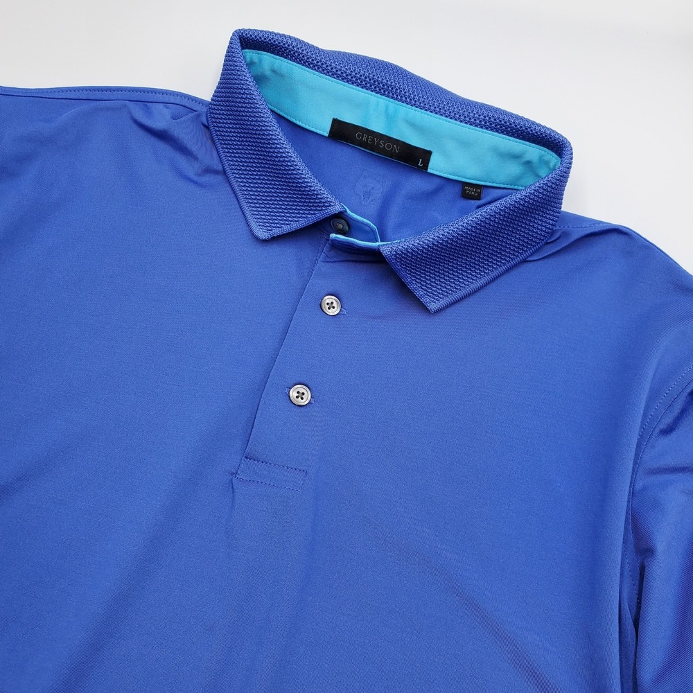 Greyson Mens Blue Performance Golf Polo Shirt Size Large Contrast Trim Peru